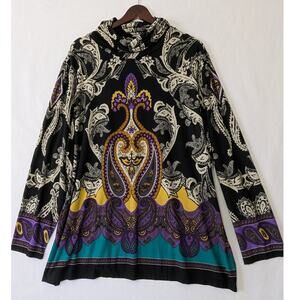 Susan Graver Liquid Knit Womens Turtleneck Paisley Log‎ Sleeve Top Size 3X Boho